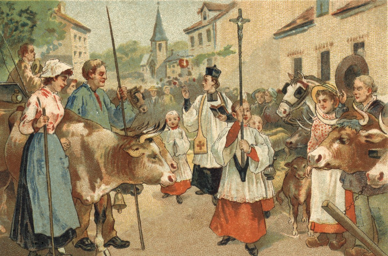 Oude gewoonte gevierd in de Nivernais-regio: de zegening van de kuddes. Chromolithografie uit de late 19e eeuw. door Unknown artist