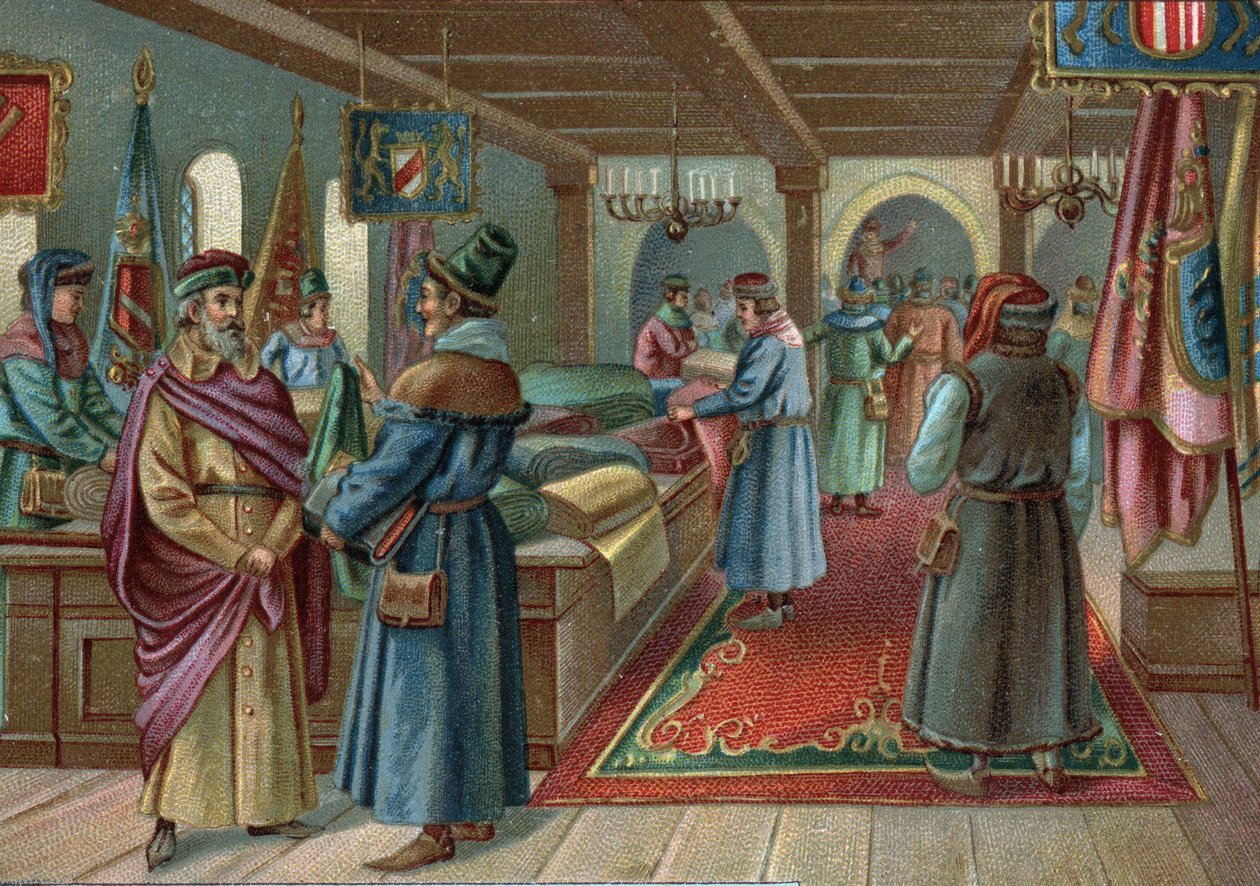 Oude winkelcentra: linnenhal in Brugge, België in de 15e eeuw. Chromolithografie van het einde van de 19e eeuw door Unknown artist