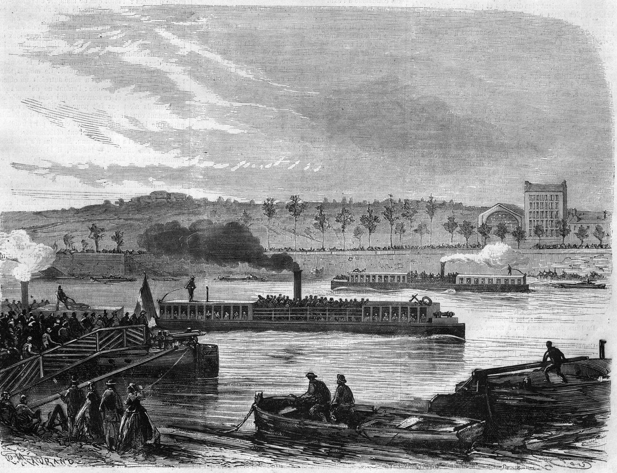 Omnibus stoomschepen uit Parijs, Frankrijk. Gravure in 