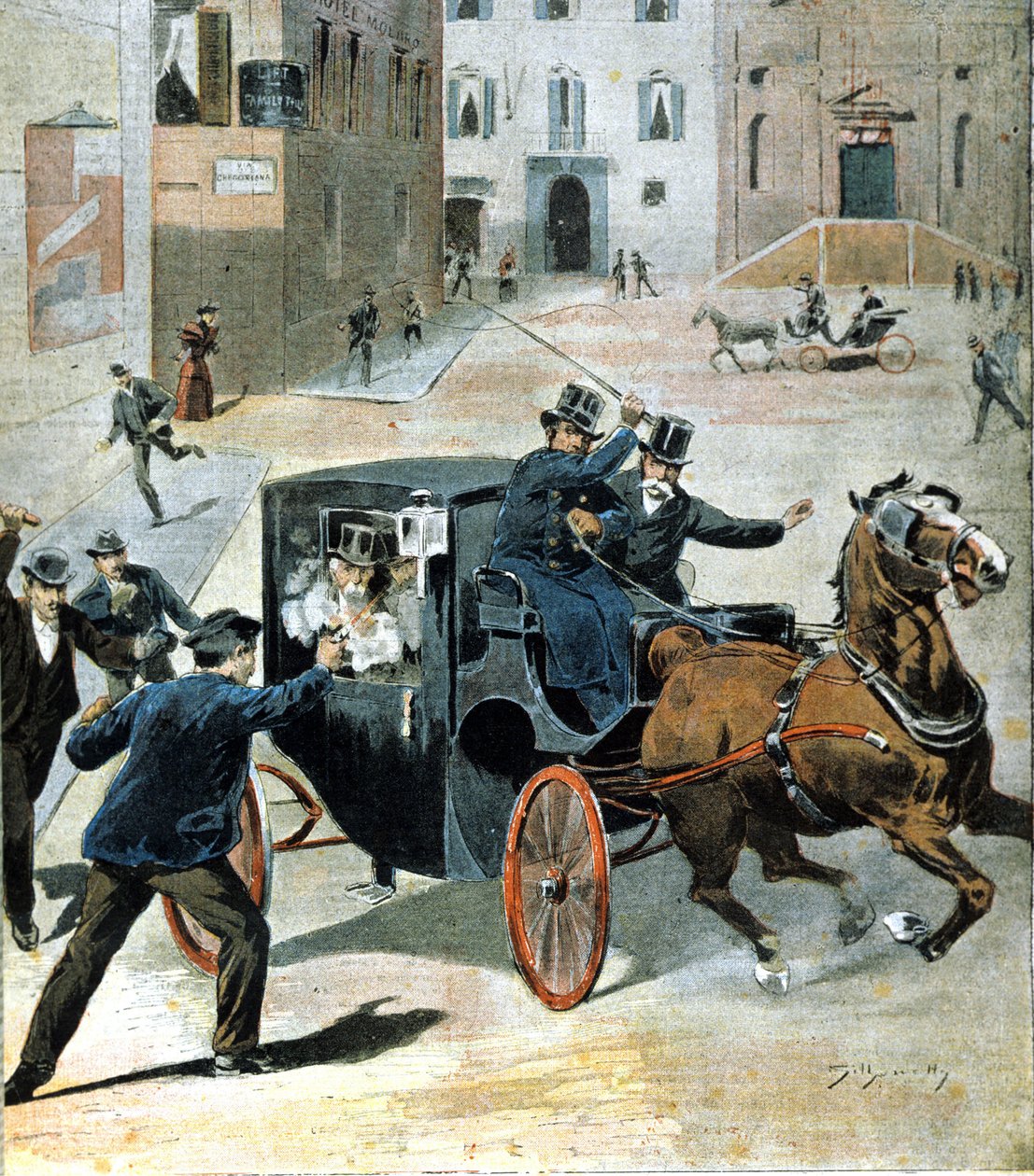 Op 16 juni 1894, in Rome, schoot de anarchist Paolo Lega met een revolver op Francesco Crispi, president van de Italiaanse Raad. Illustratie uit die tijd door Unknown artist