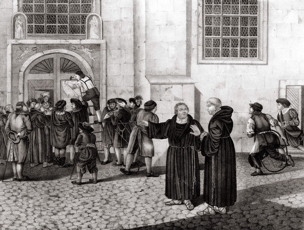 Op 31/10/1517 spijkerde Luther zijn 95 stellingen aan de poorten van het kasteel van Wittenberg, waarin hij de verkoop van aflaten aan de kaak stelde en die het begin van de Reformatie markeerden - gravure door Unknown artist