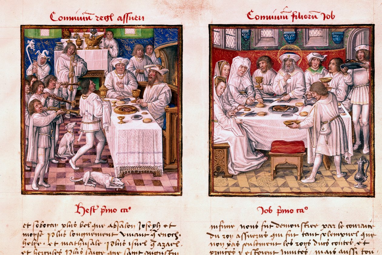 Links het feest van Assuerus 1e (Xerxes 1e). Rechts het feest van de kinderen van Job. Miniatuur uit het manuscript 