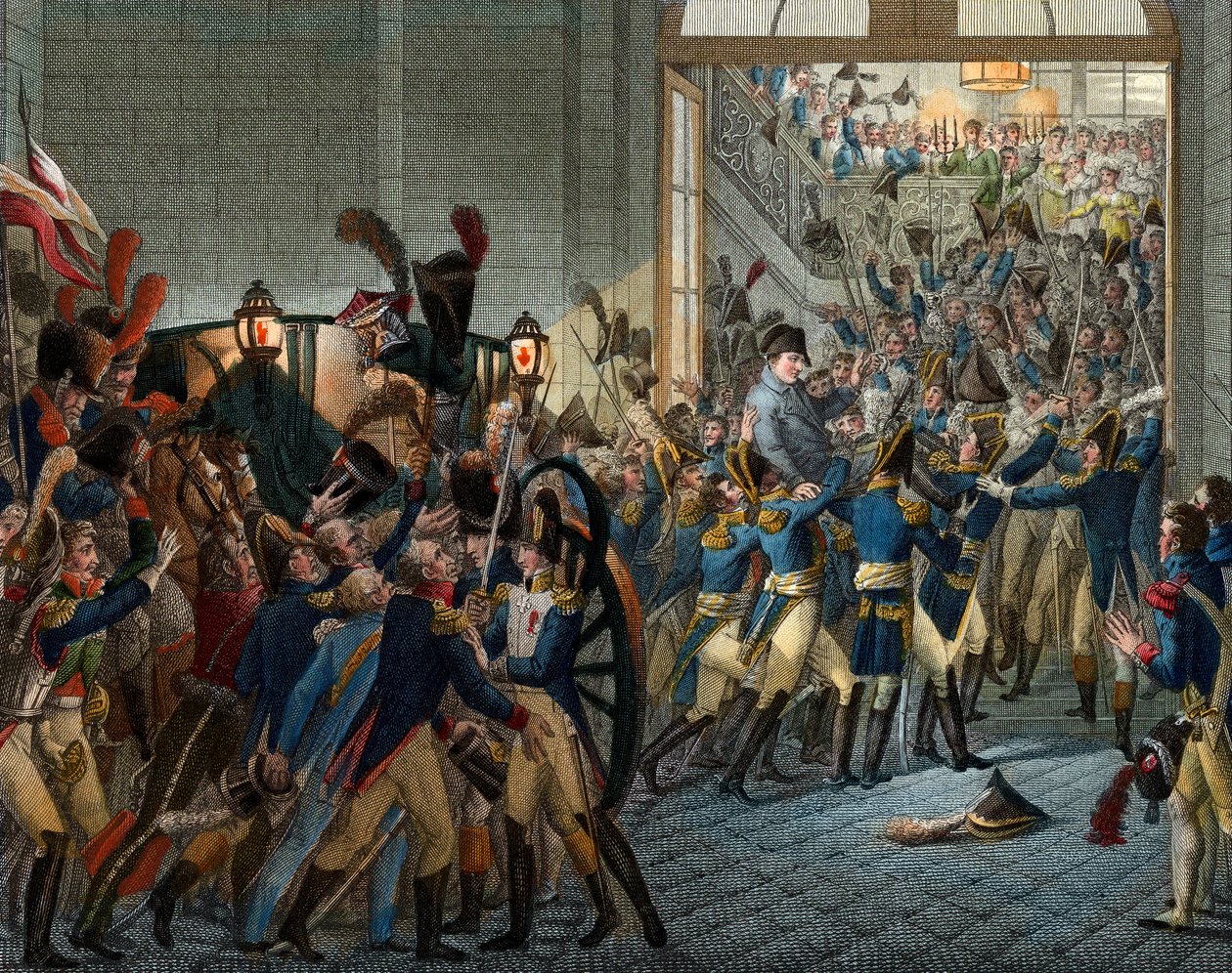 Honderd dagen: Napoleon Bonaparte (1769-1821) keerde terug uit zijn ballingschap op het eiland Elba - triomfantelijke intocht op 20 maart 1815 in het Palais des Tuileries - gravure 19e eeuw door Unknown artist