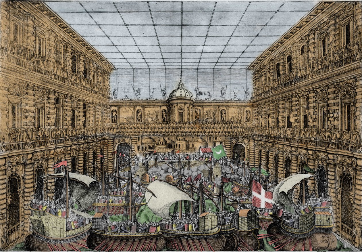 Orazio Scarabelli, Zeeslagshow (naumachia) in de binnenplaats van het Palazzo Pitti in Florence (Koninklijk Paleis van de Medici-familie, Groothertogen van Toscane) Naumachia in de binnenplaats van het Palazzo Pitti, Florence door Unknown artist