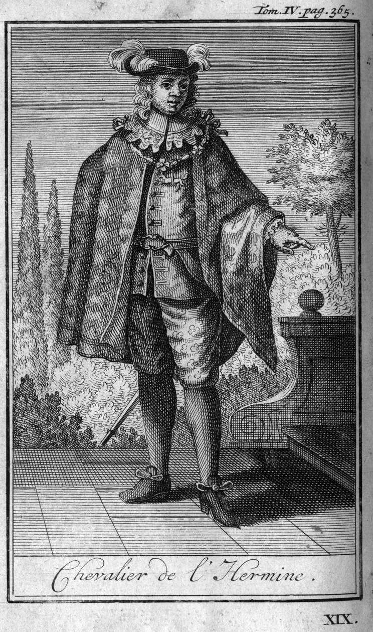 Ridderorden. Ridder van Herminei in Bretagne in de 14e eeuw. In "Geschiedenis van militaire orden of ridders, van de veilige en routinematige milities van beide geslachten, die tot nu toe zijn opgericht. Editie genomen van Abbe Giustiniani, R.P.Bonani door Unknown artist