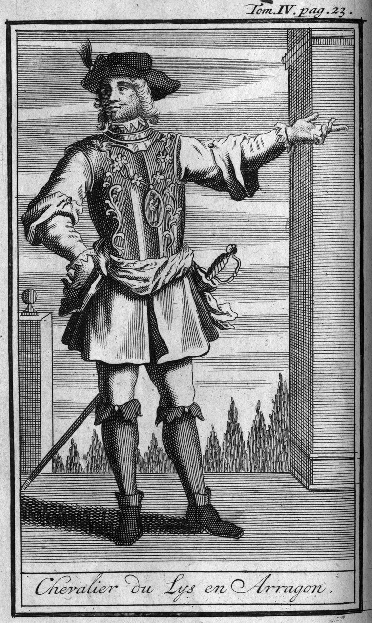 Ridderorden. Ridder van de Orde van de Lelie in Aragon in de 15e eeuw. In "Geschiedenis van militaire orden of ridders, van de seculiere en reguliere milities van beide geslachten, die tot nu toe zijn opgericht. Editie genomen van Abbe Giustiniani, R.P.Bon door Unknown artist
