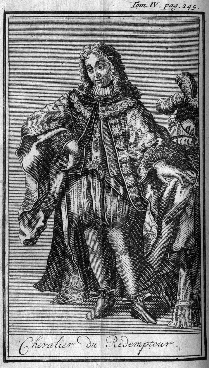 Ridderorden. Ridder van de Verlosser of het kostbare bloed van Jezus in het Hertogdom Mantua (Mantova) in de 17e eeuw. In History of military orders or knights, of the secure and routine militias of both sexes, which have been established so far door Unknown artist