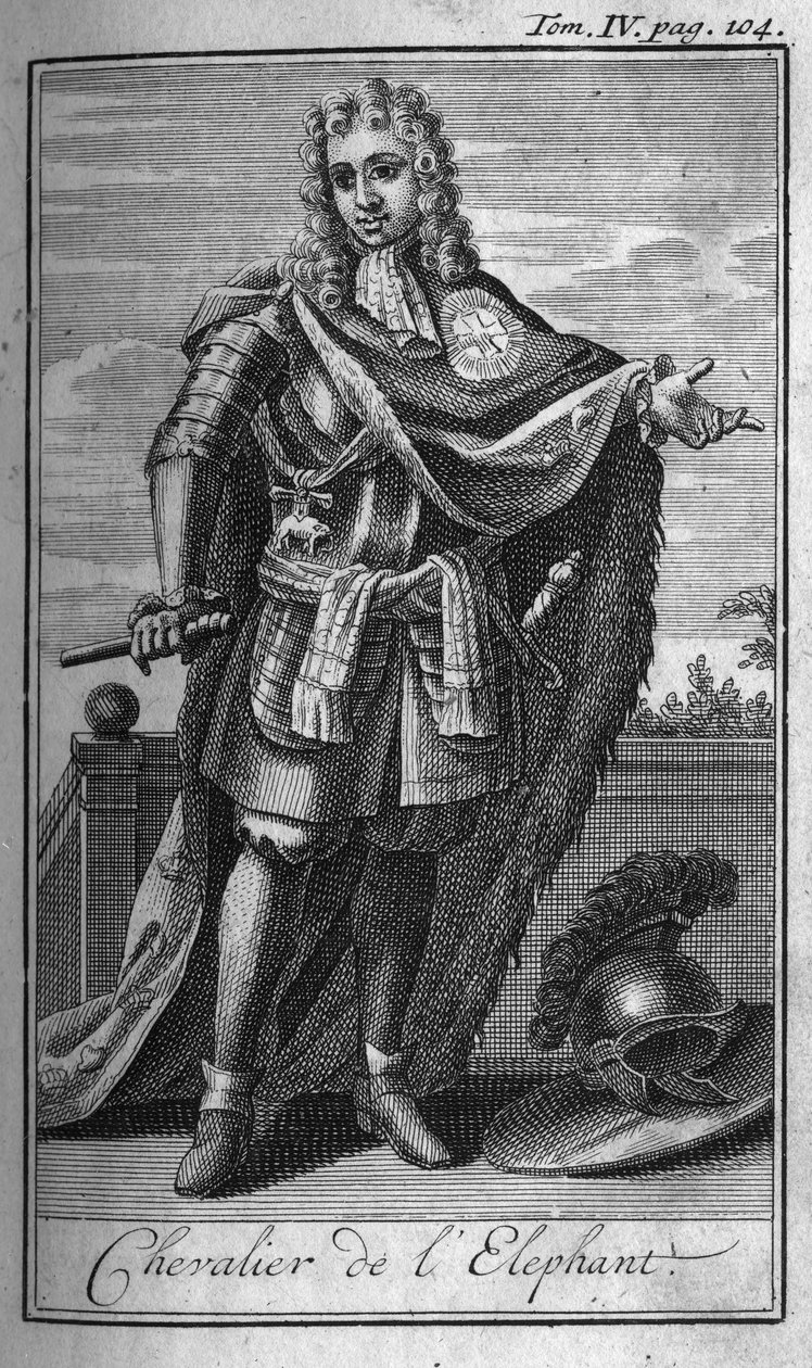 Ridderorden. Ridder van de olifant in Denemarken in de 15e eeuw. In "Geschiedenis van militaire orden of ridders, van de veilige en routinematige milities van beide geslachten, die tot nu toe zijn opgericht. Editie genomen van Abbe Giustiniani, R.P.Bonani door Unknown artist
