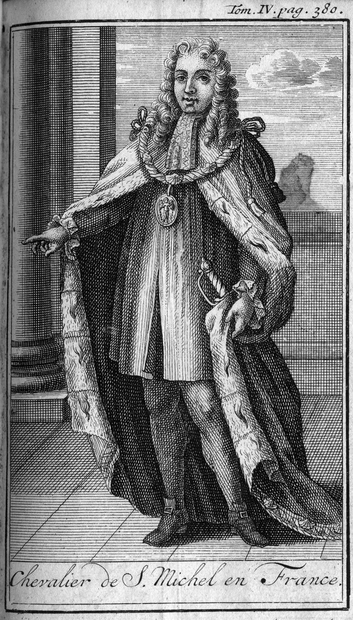 Ridderorden. Ridder van Saint Michel in Frankrijk in de 15e eeuw. In "Geschiedenis van militaire orden of ridders, van de seculiere en reguliere milities van beide geslachten, die tot nu toe zijn opgericht. Editie genomen van Abbe Giustiniani, R.P.Bonani door Unknown artist