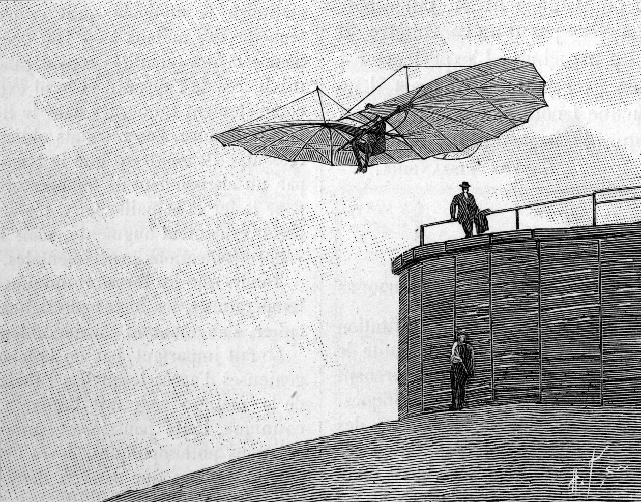 Otto Lilienthal (1848-1896), Duitse luchtvaartpionier, springend van zijn houten toren met zijn vliegende vliegtuig (van een momentopname). Gravure in 