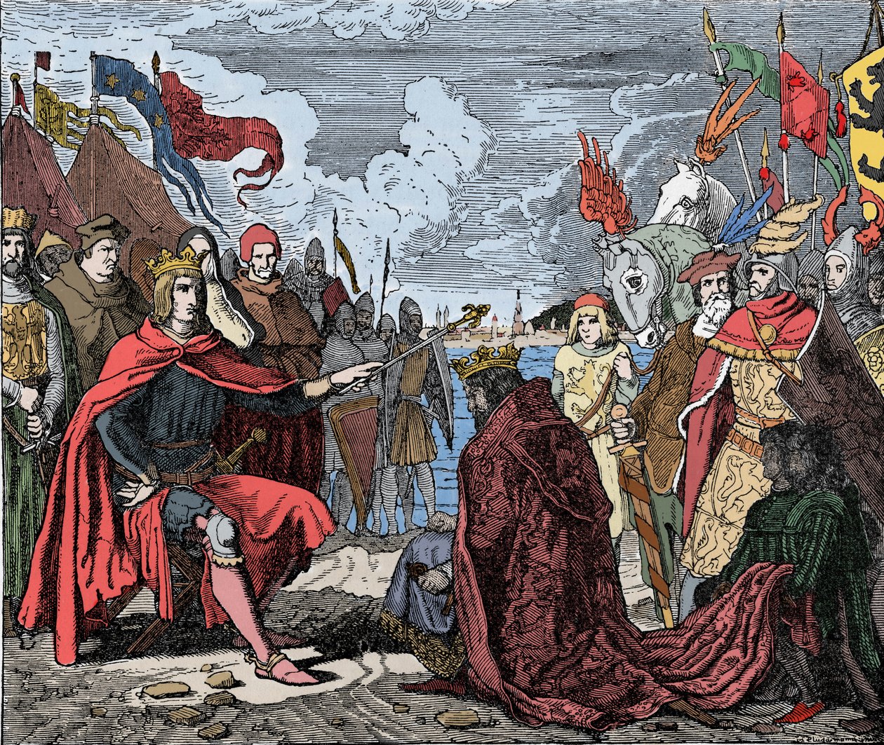 Ottokar II (1230-1278) eerbetoon aan Rudolf I - Ottokar II (1233-1278) koning van Bohemen, brengt eerbetoon aan Rudolf I van het Heilige Roomse Rijk (of Rudolf IV van Habsburg) (1218-1291), na de Slag bij Marchfeld, in 1278 door Unknown artist