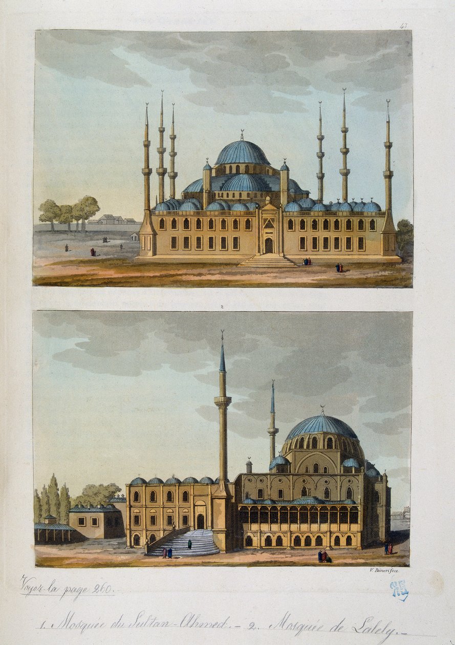 Ottomaanse Rijk: Blauwe Moskee (of Sultanahmet Camii) gebouwd door Sultan Ahmet (Ahmed) I en Moskee van Laleli in Istanbul - in "Het oude en moderne kostuum" door Ferrario, ed. Milaan door Unknown artist