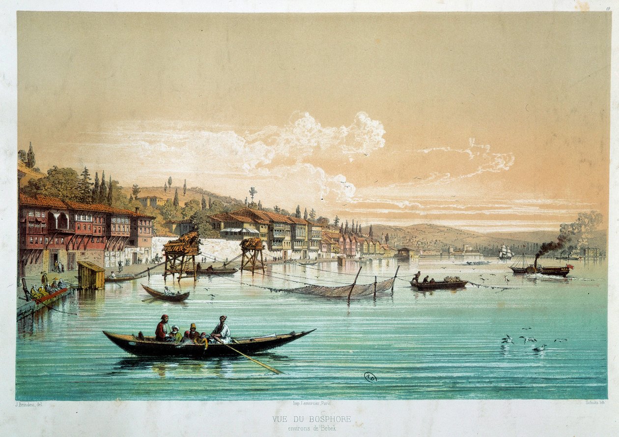 Ottomaanse Rijk: uitzicht op de Bosporus in de buurt van Bebek in Turkije. Vissersscènes. Gravure van de 19e eeuw Parijs, Decoratieve Kunsten door Unknown artist