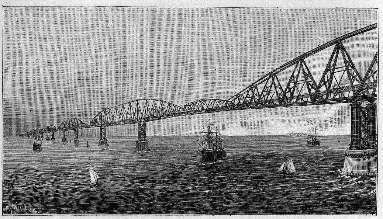 Overzicht van de Brug over het Kanaal, project van een brug die het Kanaal oversteekt om Frankrijk met Engeland te verbinden. Gravure in 