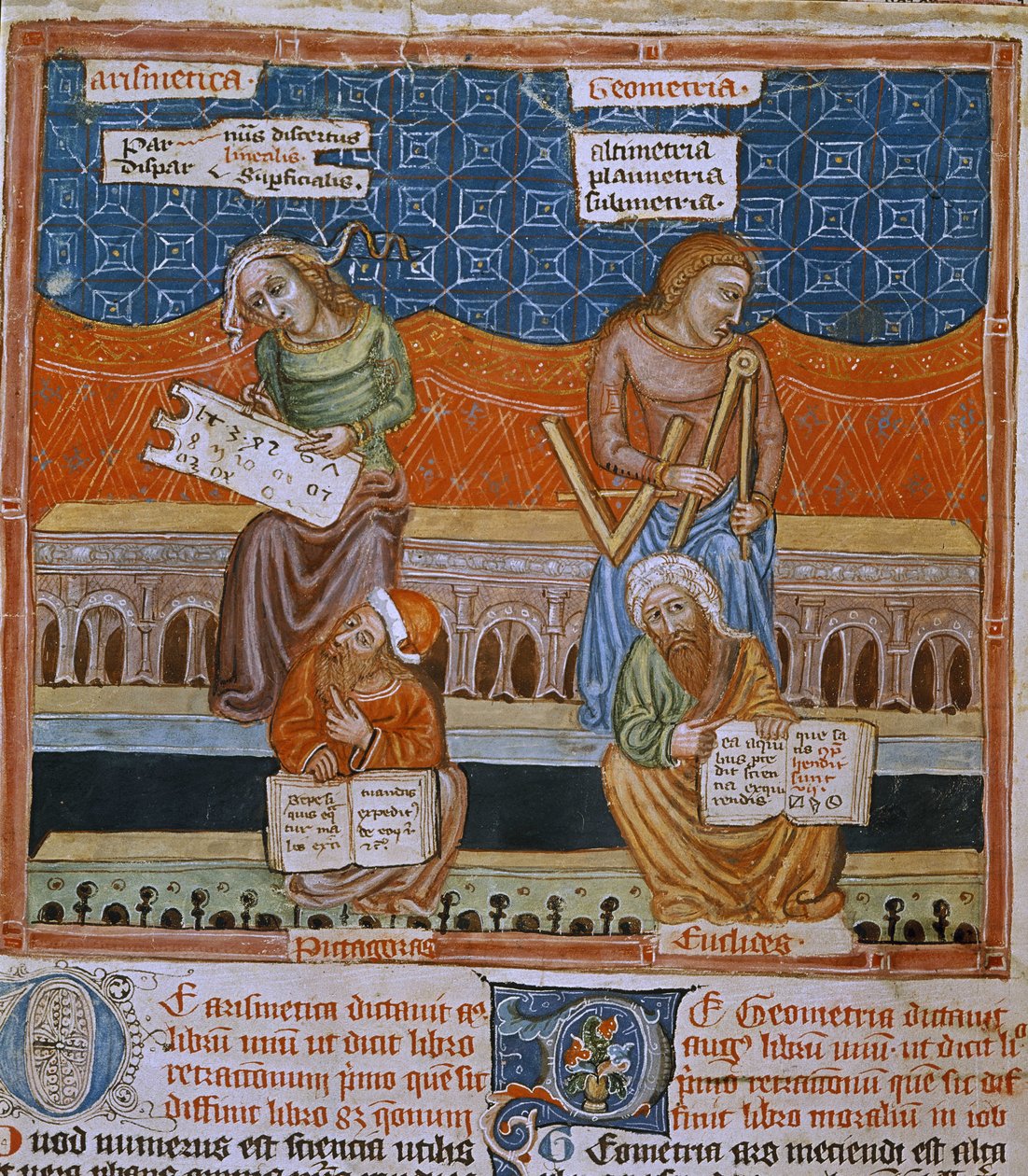 Pagina van een manuscript met de allegorieën van Rekenkunde en Geometrie door Unknown artist