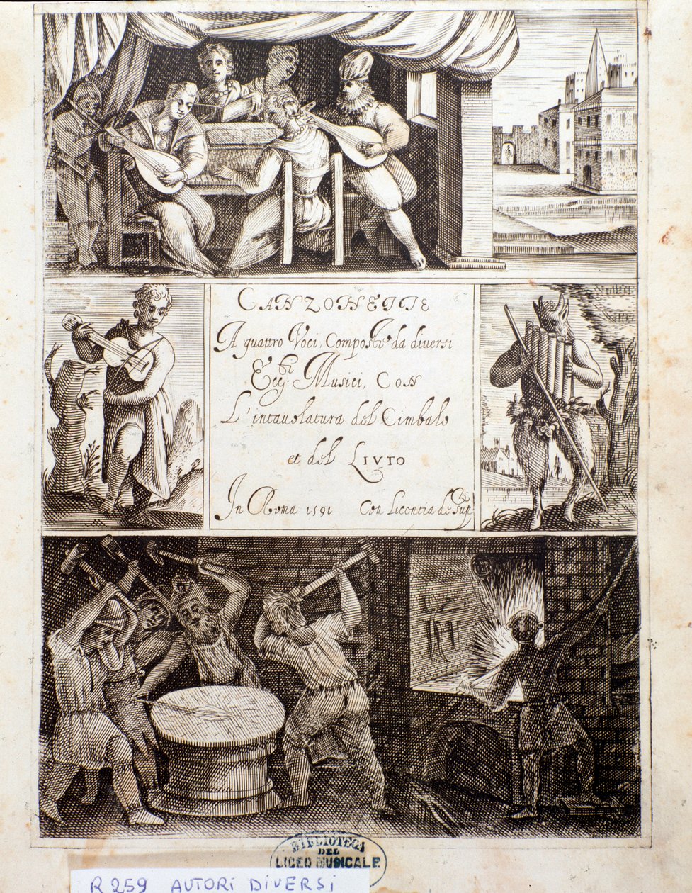 Pagina van illustraties voor verschillende liederen (ets) door Unknown artist