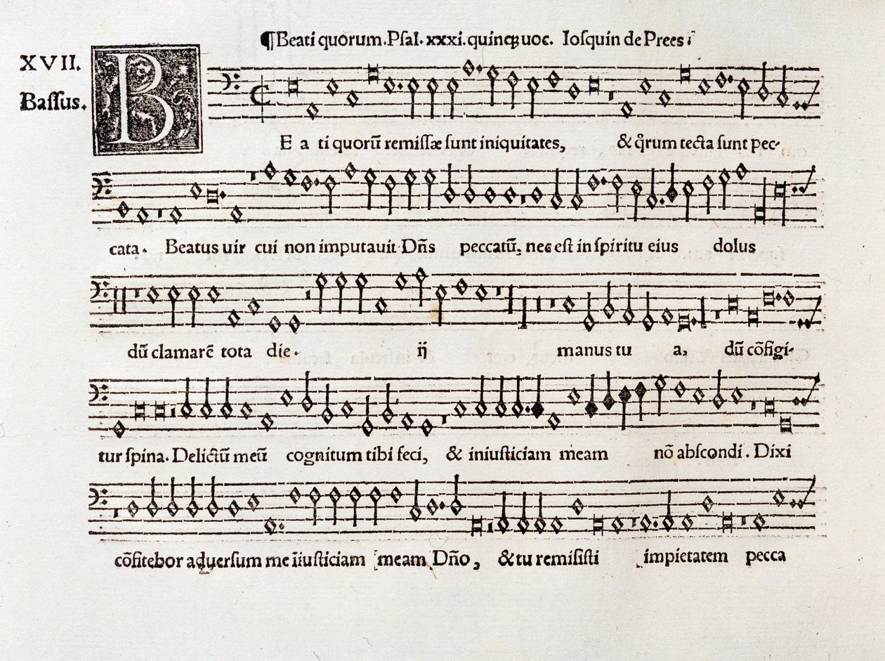 Pagina van muziekpartituur van Beati quorum psalm XIII door Willaert (1538) door Unknown artist