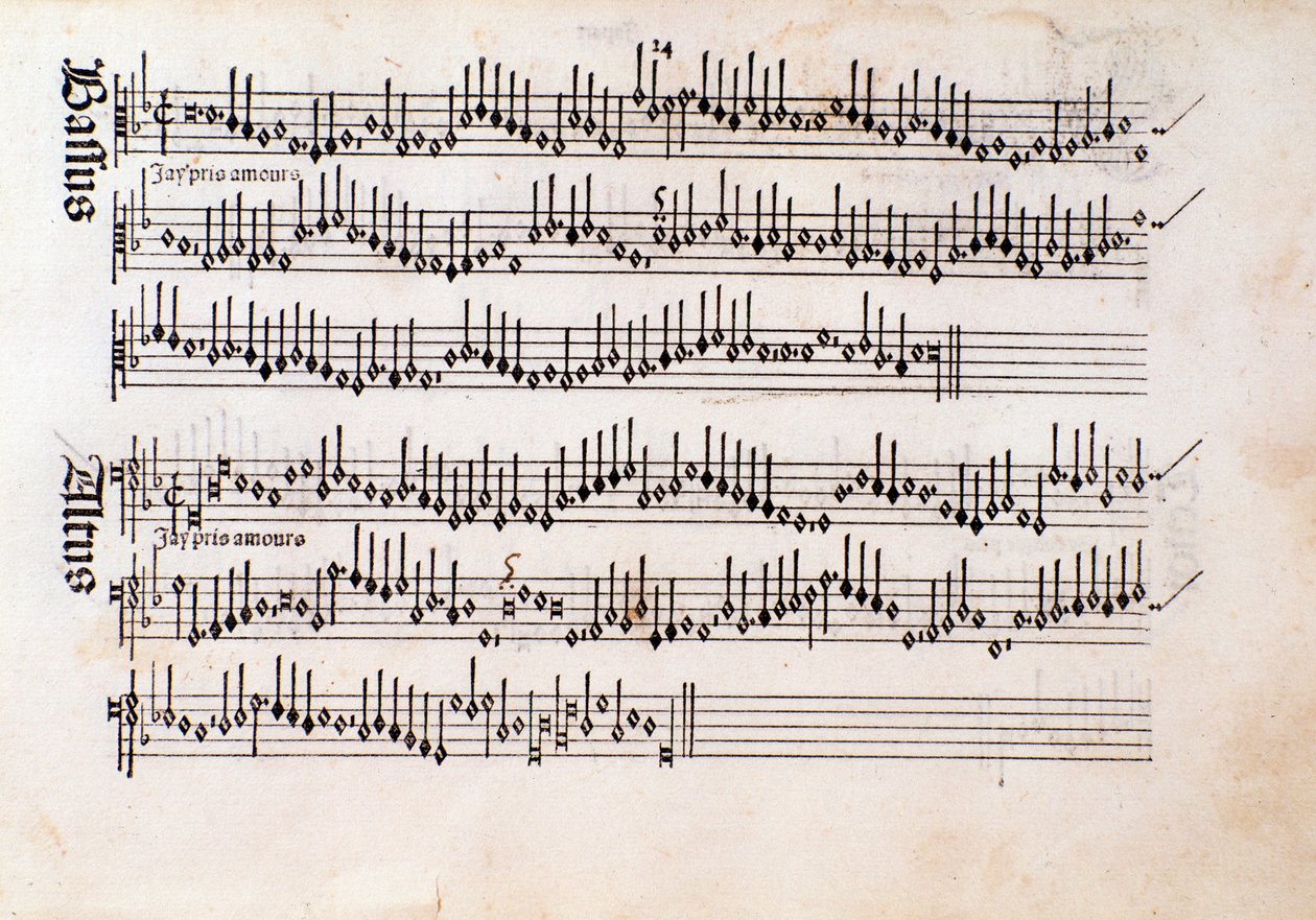Pagina van bladmuziek van Harmonice Musices Odhecaton door Ottaviano Petrucci (1501) door Unknown artist