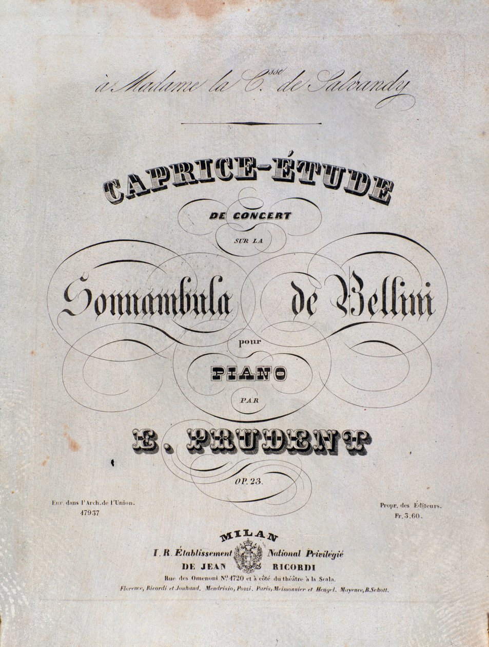 Pagina van de bladmuziek voor een Caprice-studie voor piano door Emile Prudent gebaseerd op La sonnambula door Vincenzo Bellini door Unknown artist
