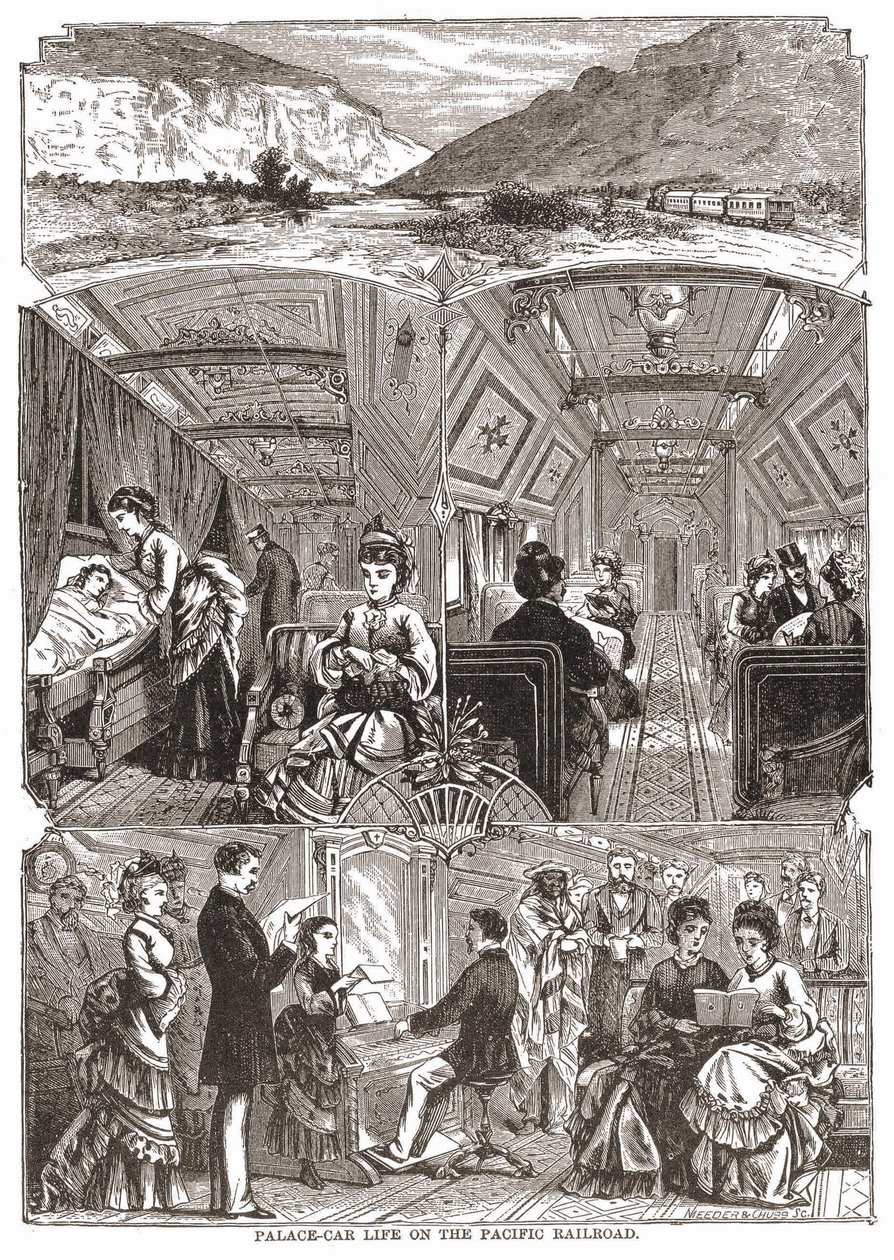 Paleiswagenleven op de Pacific Railroad, gravure 19e eeuw. door Unknown artist
