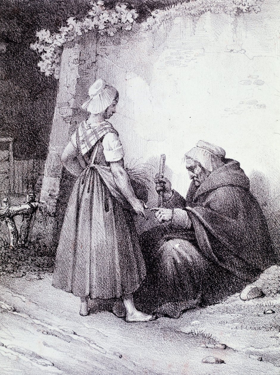 Handlijnkunde: een oude waarzegger leest de hand van een jong meisje (Gravure) door Unknown artist
