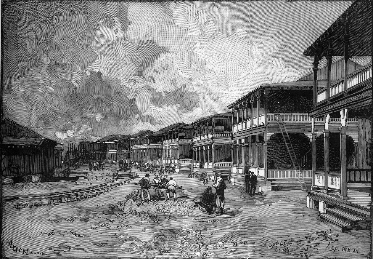 Panamakanaal. Straat van de nieuwe stad van Christoffel Columbus in Colon: arbeiderswoningen. Gravure in 