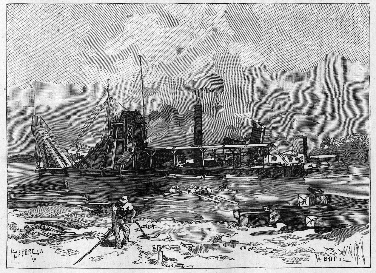 Werken aan het Panamakanaal. Hoofdwerktuigen: een bagger en zijn klep. Gravure in "Le Monde Illustré" door Unknown artist