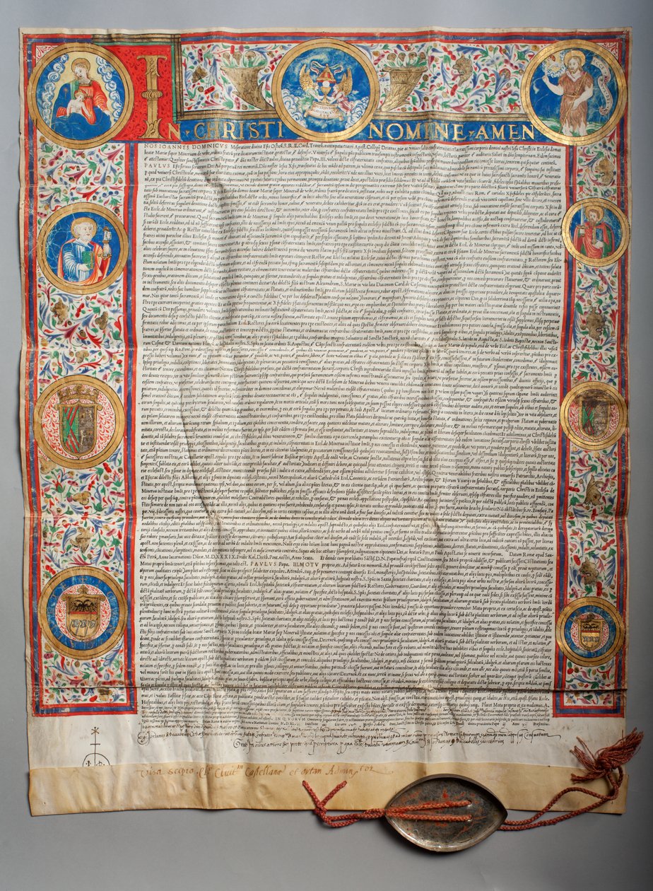 Pauselijke bul. Paus Paulus III, Eucharistisch. Perkament. Miniatuurschilderij. 1535. door Unknown artist