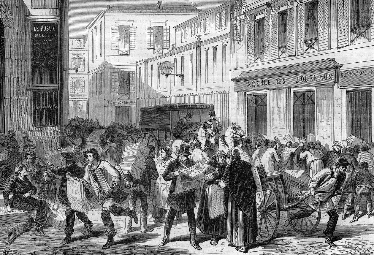 Parijs 1869: de krantenhal, rue du croissant. door Unknown artist