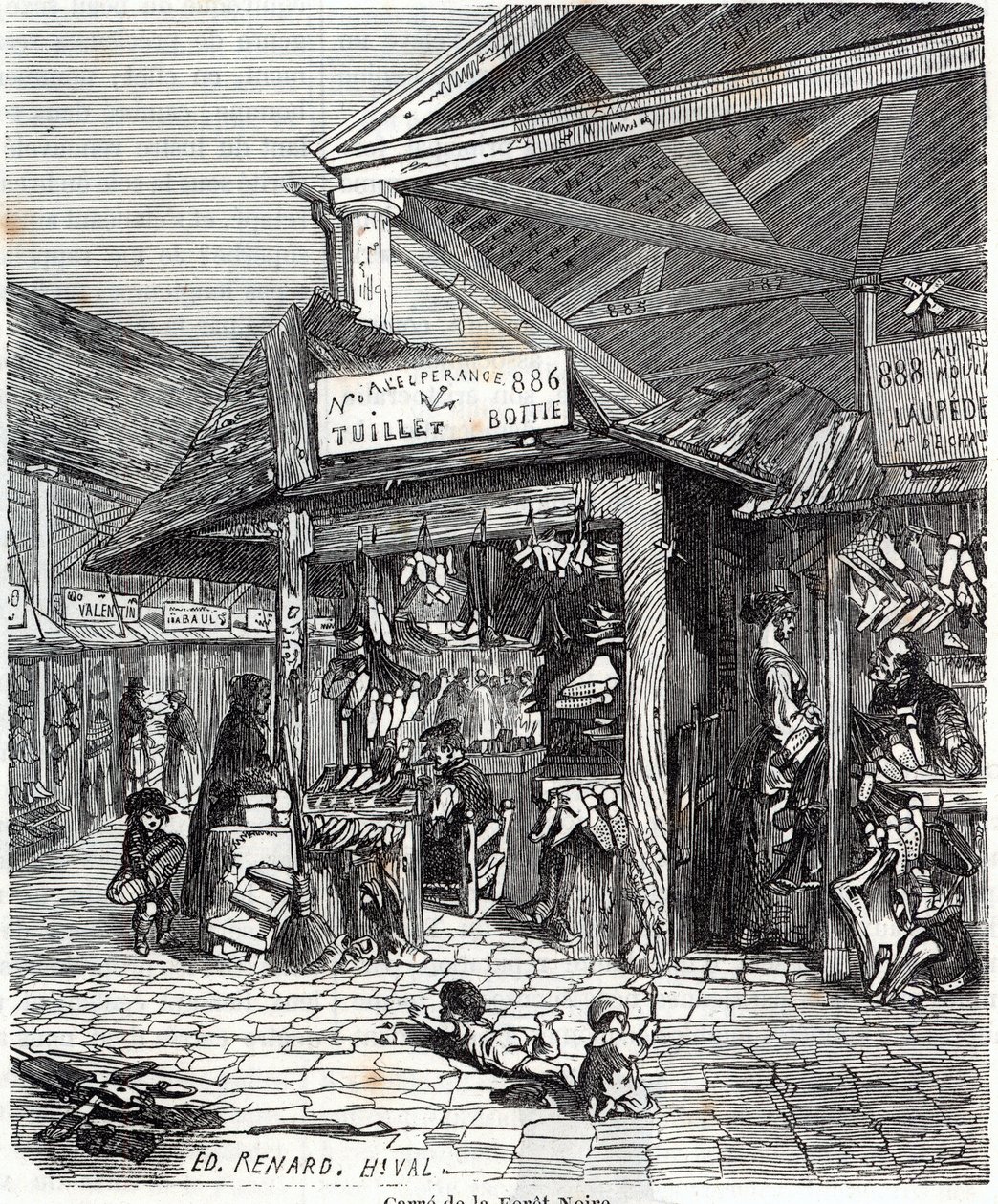 Parijs 3e arrondissement - Carre de la Foret-Noire: verkoop van leer en schoenen in Le Carreau du Temple in de 19e eeuw - Gravure in 