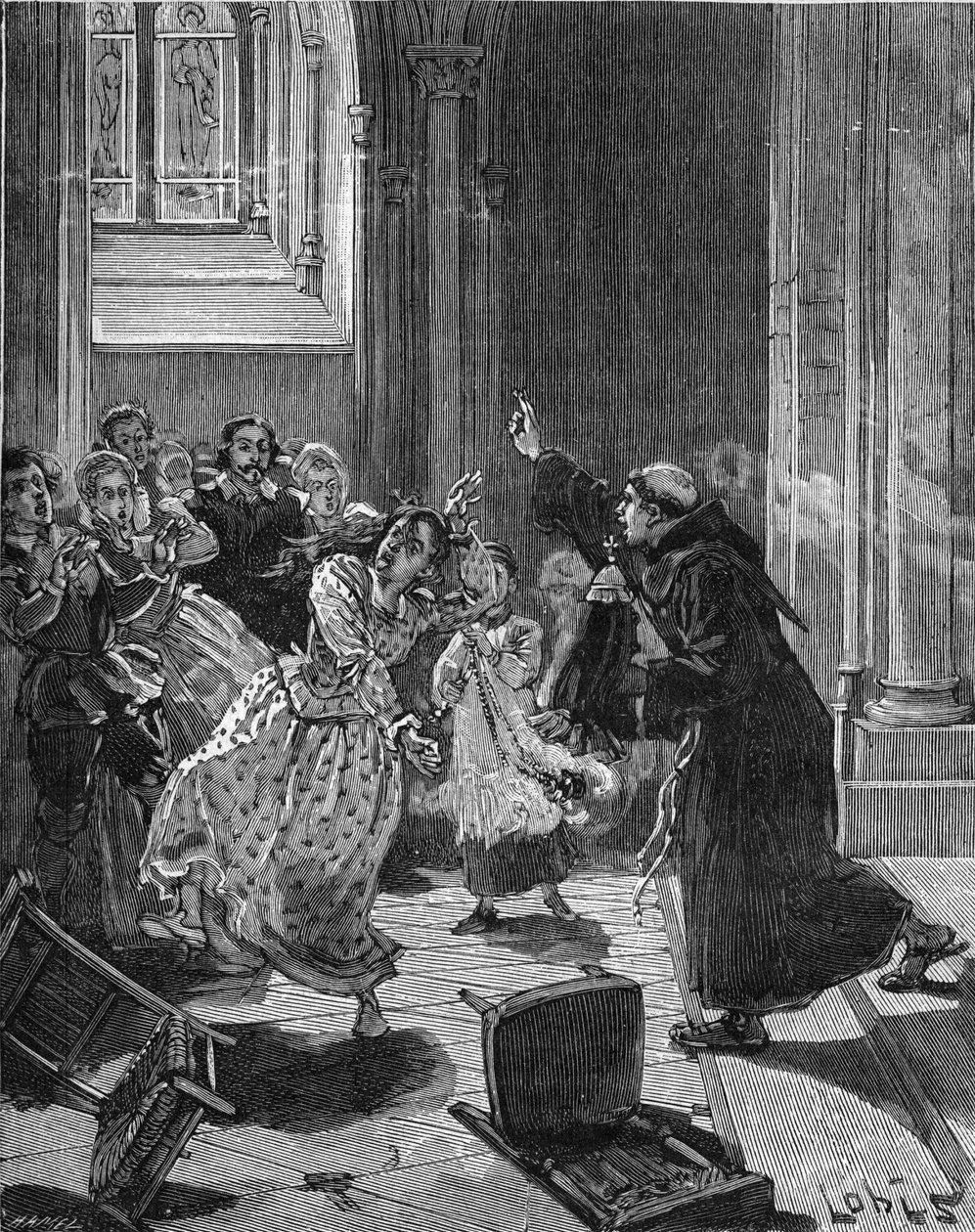 Parijs, Kerk Sainte Genevieve (Sainte-Genevieve) (1599): een kapucijner monnik probeert een vrouw, Martha, die beweert bezeten te zijn door de duivel, te exorciseren. Gravure uit de 19e eeuw. In 