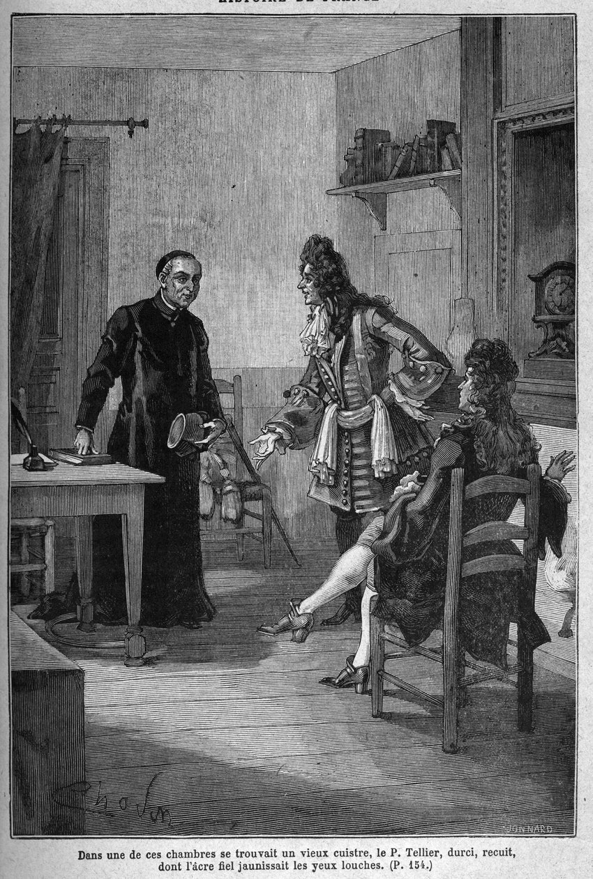 Parijs, klooster van de Jezuïeten (nu Charlemagne College): Père Michel Le Tellier (1643-1719), jezuïet biechtvader van de koning van Frankrijk Lodewijk XIV. Gravure uit de 19e eeuw. In 