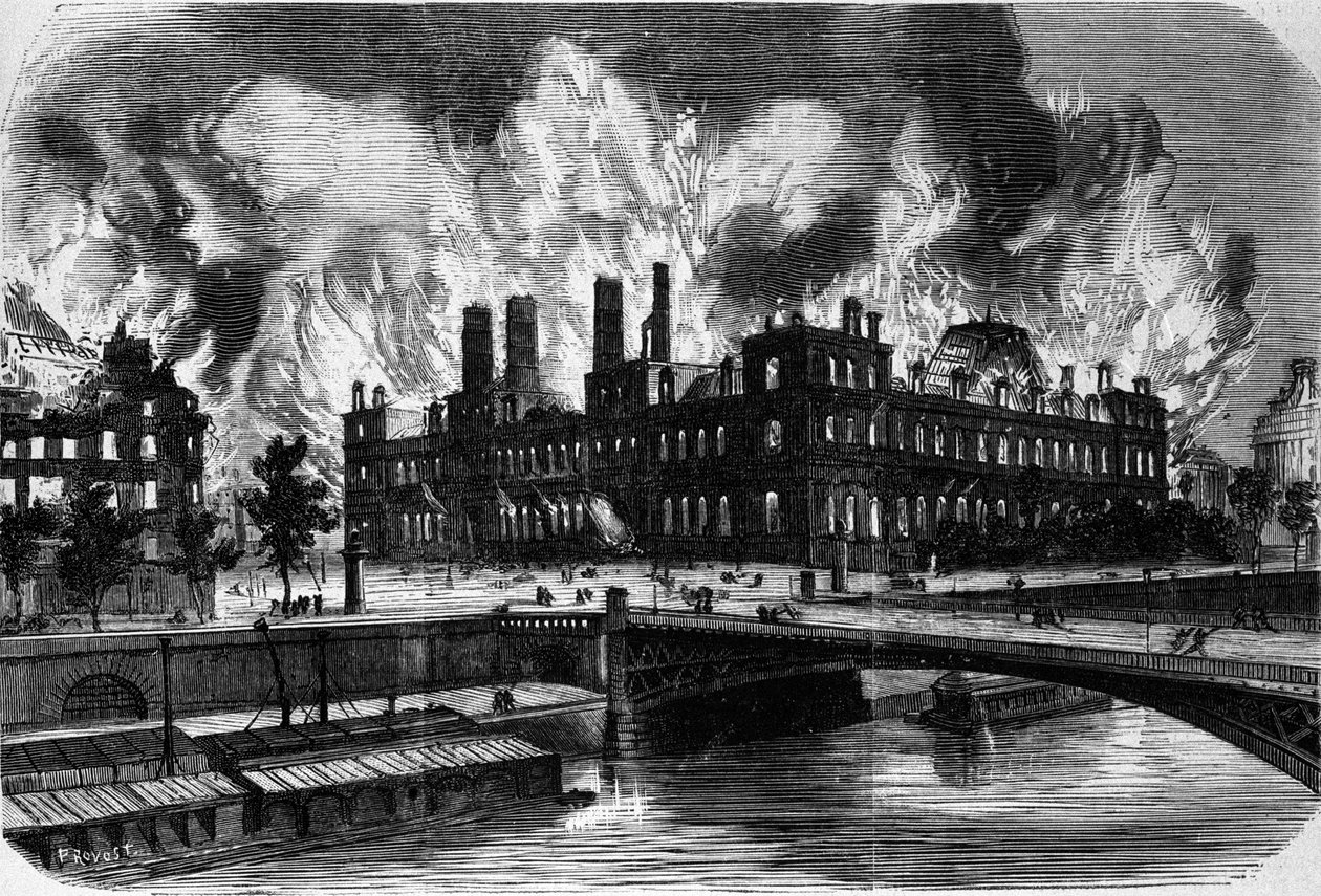 Parijs, de Commune. Brand van het stadhuis op 24 mei 1871. Gravure uit de 19e eeuw. door Unknown artist
