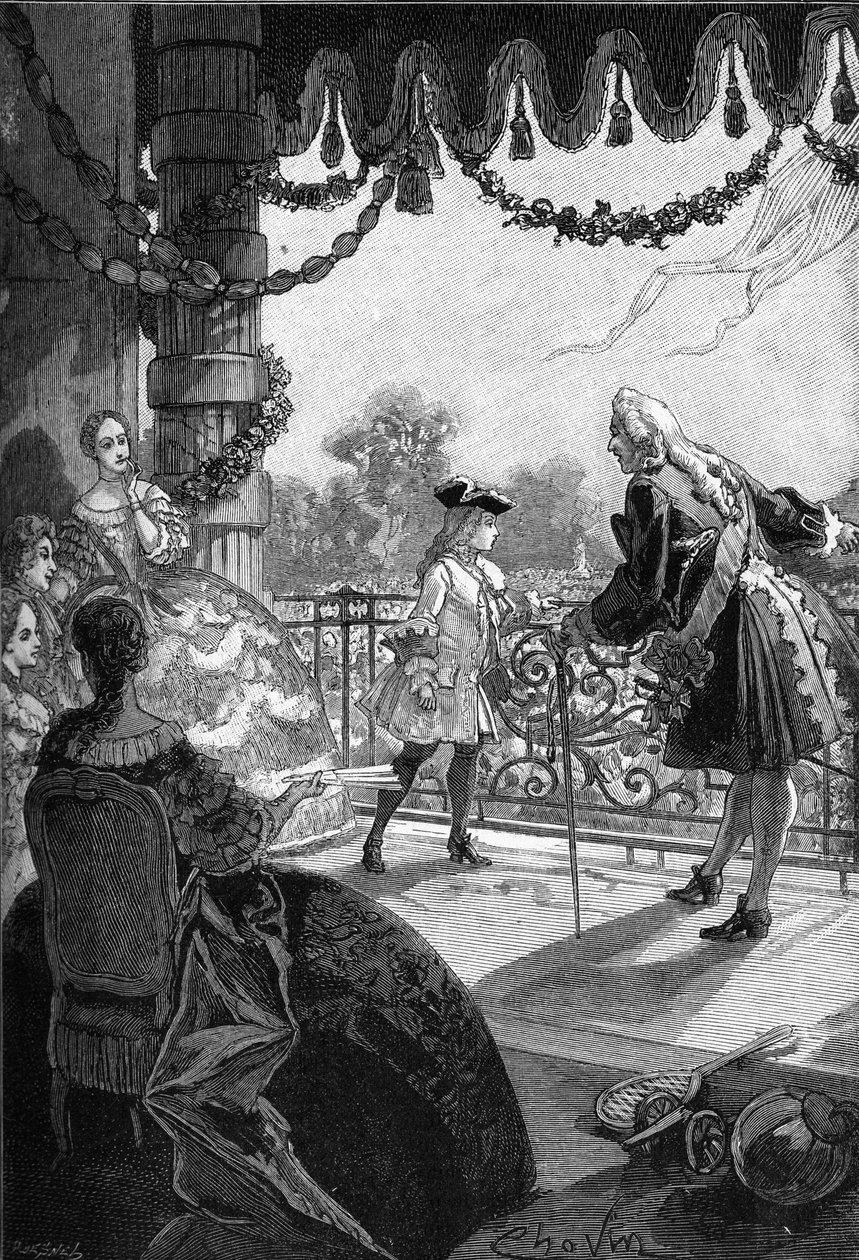 Parijs, de Tuilerieën (1721): Koning van Frankrijk Lodewijk XV (1710 - 1774) toont zich op het balkon van de Tuilerieën. Gravure uit de 19e eeuw. In Histoire de France door Jules Michelet door Unknown artist