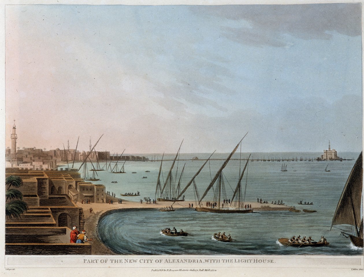 Deel van de nieuwe stad in Alexandrië, met de vuurtoren - in "Gezichten in Egypte, Palestina en andere delen van het Ottomaanse Rijk" door Unknown artist