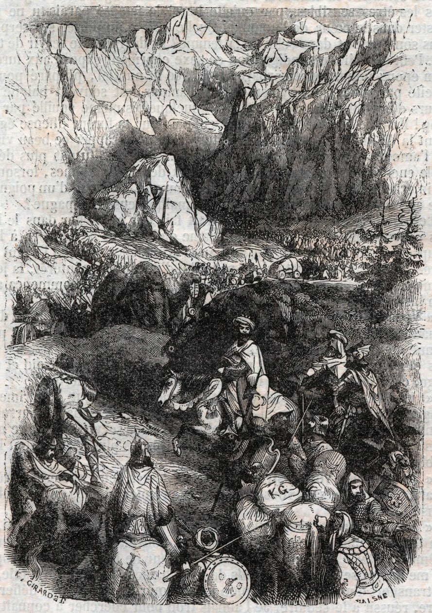 Oversteek van de Pyreneeën door de Moren - gravure van 1851 uit 