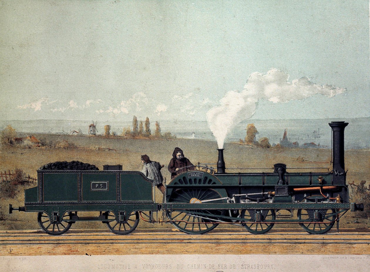 Passagierslocomotief en kolenwagen van de Straatsburgse Spoorweg (Crampton-systeem) door Unknown artist
