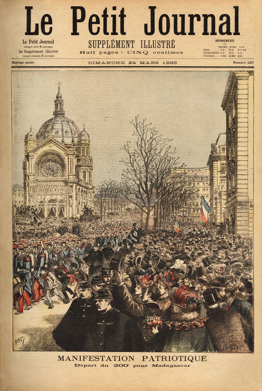 Patriottische demonstratie in Parijs, voor het vertrek van het 200e regiment naar Madagaskar. Gravure in 