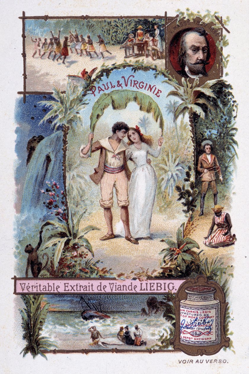 Paul en Virginia. Roman door Henri Bernardin de Saint Pierre (Saint-Pierre of St-Pierre), Franse schrijver (1737-1814). Illustratie door V. Massé - Liébig reclame vignet door Unknown artist