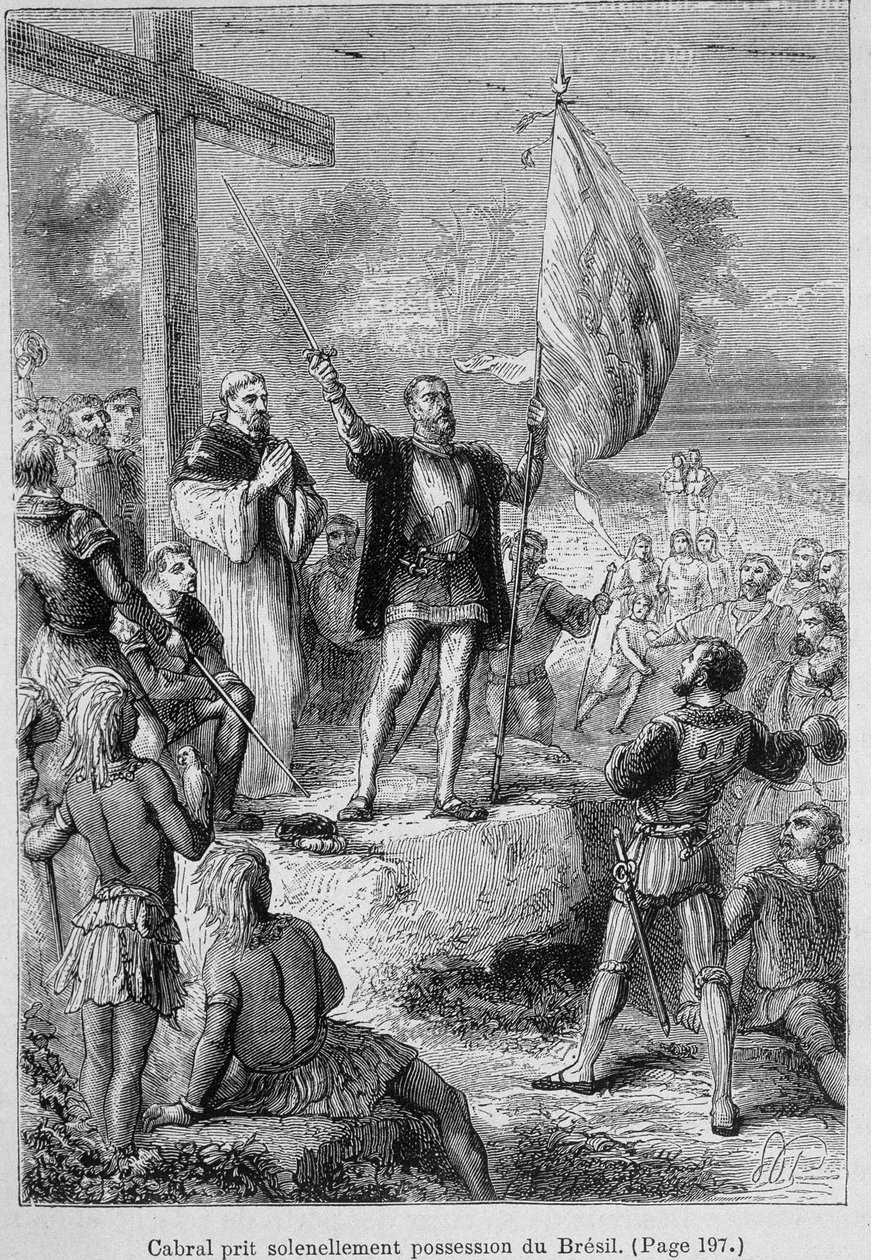 Pedro Alvarez Cabral, Portugese navigator (1460-1526) neemt bezit van Brazilië, dat hij Terra de Santa Cruz noemde, rond 1500 door Unknown artist