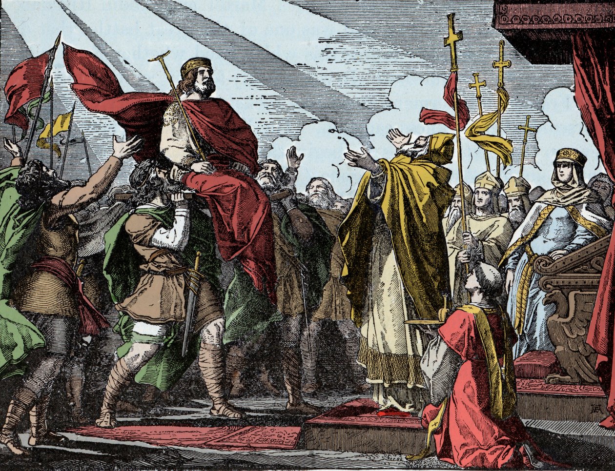 Pepijn uitgeroepen tot koning van de Franken - Sacre van Pepijn de Korte (714-768), Basiliek van Saint Denis, 28 juli 754: Paus Stefanus II kroonde hem tot koning van de Franken en Patricius van de Romeinen (Patricius Romanorum) door Unknown artist