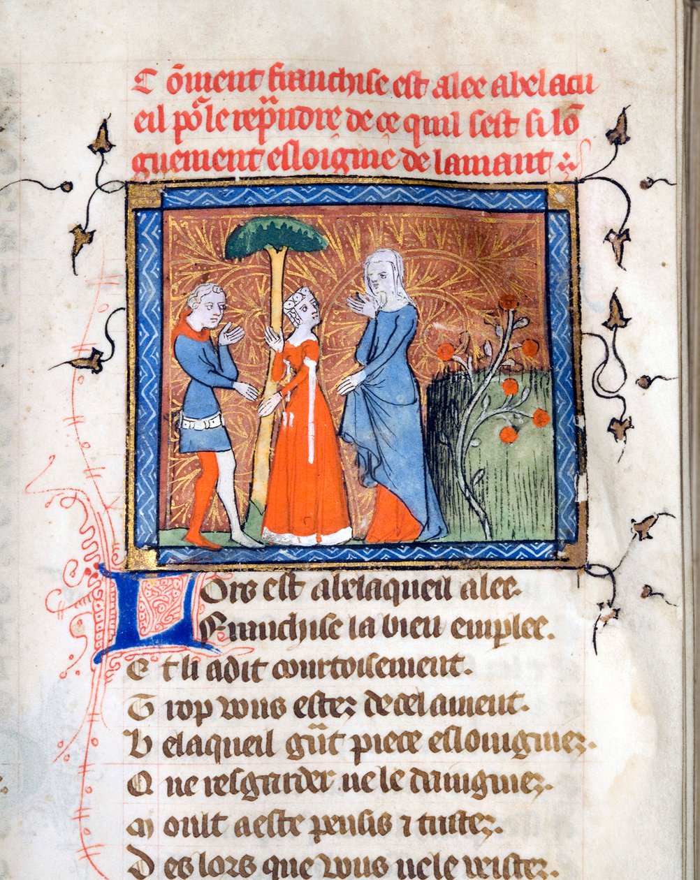 Personages in gesprek, pagina uit het manuscript "Le Roman de la Rose" van Guillaume de Lorris en Jean de Meun door Unknown artist