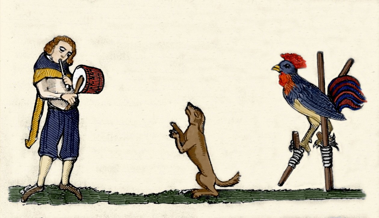 Getrainde huisdieren: een hond en een haan dansen op stelten op het ritme van de trommel. Gravure uit een manuscript uit 1344 van de Bodleyan-bibliotheek van Oxford door Unknown artist