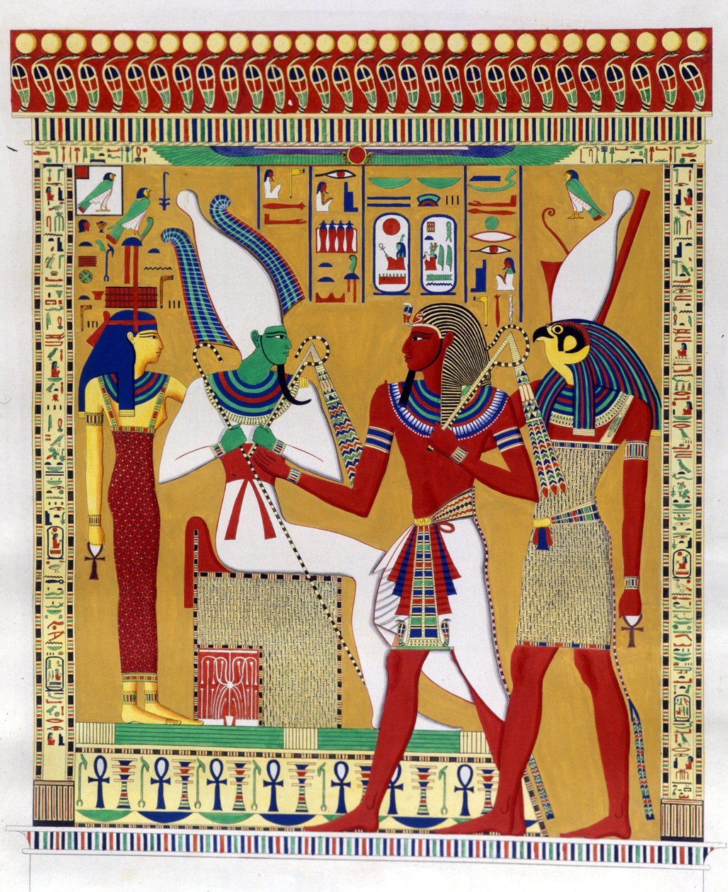 Farao Merenptah I (of Mineptah, Merneptah) (1213-1204 v.Chr.) geleid door Horus in de aanwezigheid van Osiris en Athyr infernaal. Van links: Athyr, Osiris, Merenptah I en Horus. (Biban-el-Moluk) - in “Monumenten van Egypte en Boven-Nubië” door Ippolito Ros door Unknown artist