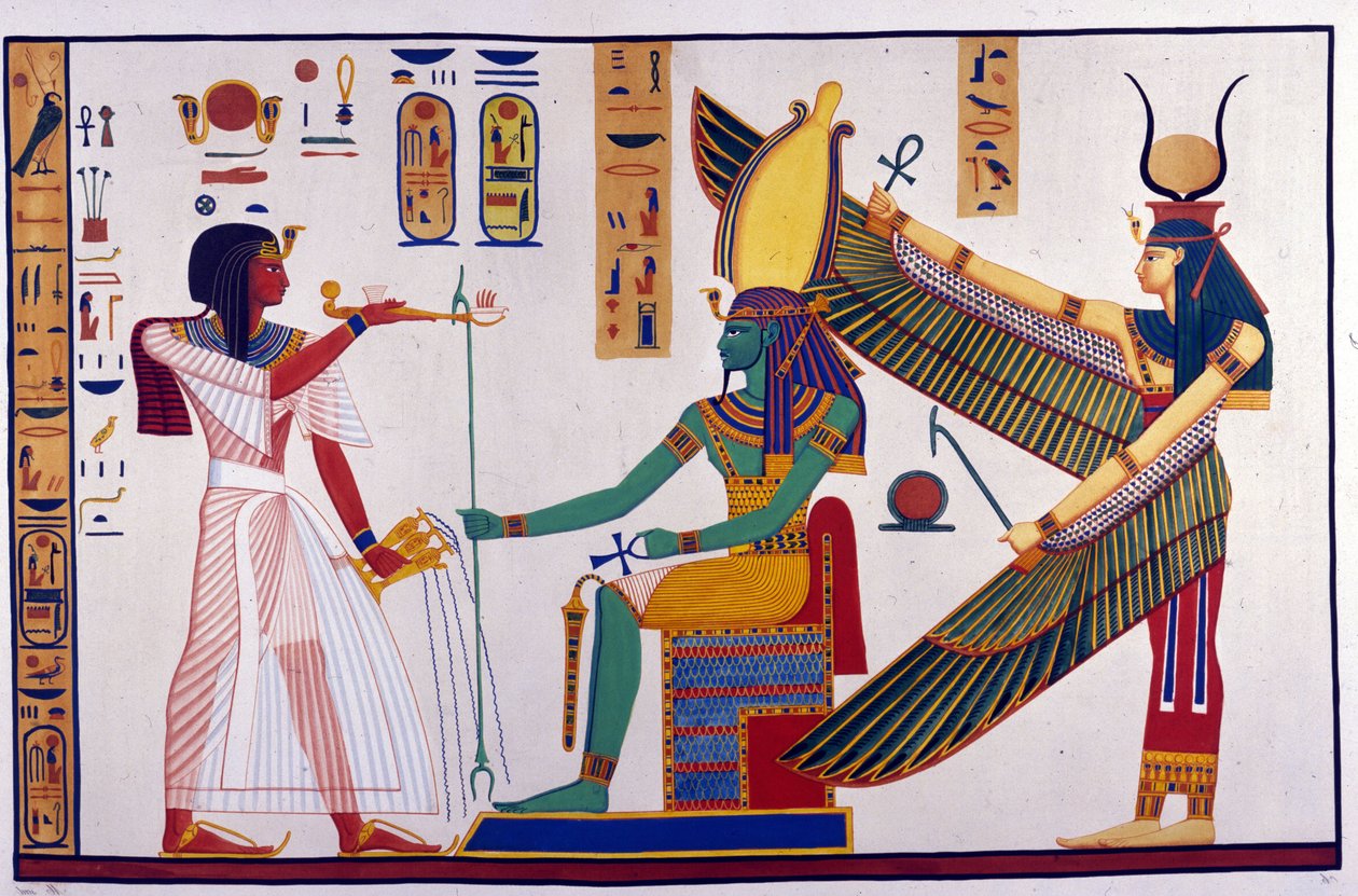 Farao Ramses IV brengt offers aan Ptah-Sokari-Osiris. Achter Osiris staat Isis door Unknown artist