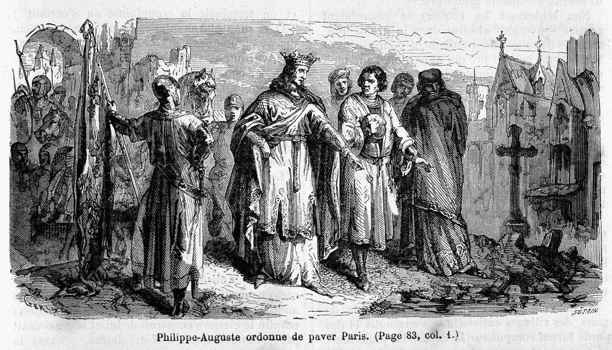 Philippe Auguste beveelt Parijs te plaveien in de 12e eeuw - gravure door Unknown artist
