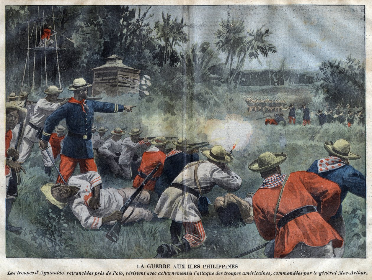 Filipijns-Amerikaanse Oorlog - Troepen van Emilio Aguinaldo, afgesneden bij Polo, verzetten zich hevig tegen de aanval van Amerikaanse troepen onder bevel van generaal Mac-Arthur - gravure in 