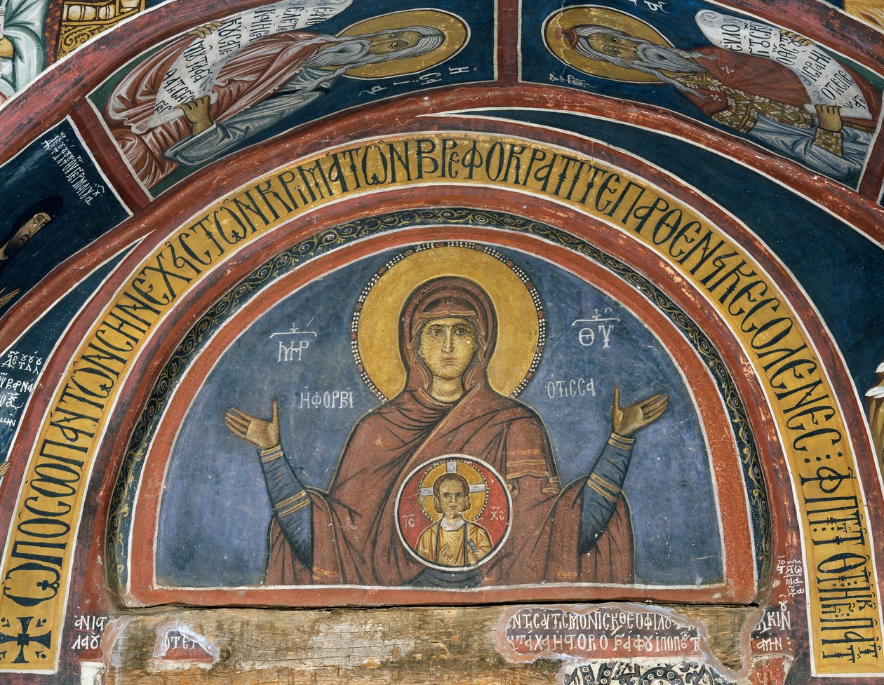 Phorbiotissa Panagia, Onze-Lieve-Vrouw van Christus in Medaillon, fresco, Byzantijnse kerk van Onze-Lieve-Vrouw van Asinou, Troodosgebergte, Cyprus door Unknown artist