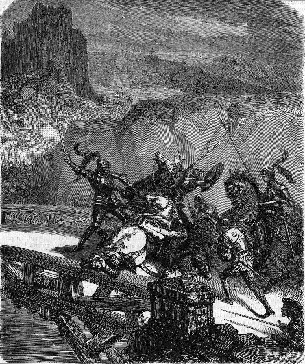 Pierre Terrail, heer van Bayard, verdedigt de Garigliano-brug (Italië) in 1503. Gravure uit de 19e eeuw. door Unknown artist