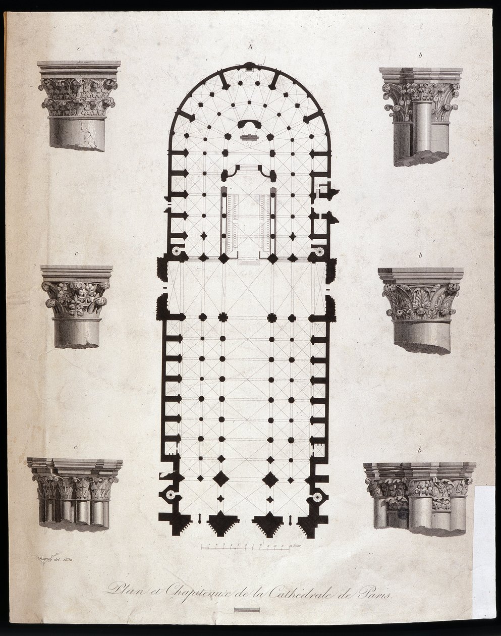 Plattegrond en kapitelen van de kathedraal Notre Dame in Parijs. 19e eeuw door Unknown artist